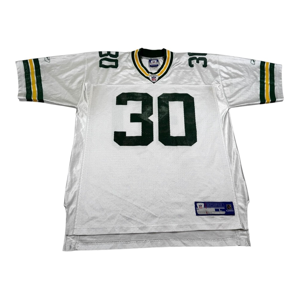 Green Bay Packers Football Jersey Mens Large White NFL Reebok Green 30 On Field